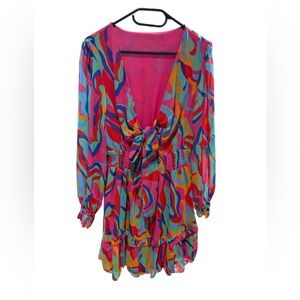 Colorful Psychedelic Boho Ruffle Mini Dress Festival Vacation Funky Bold